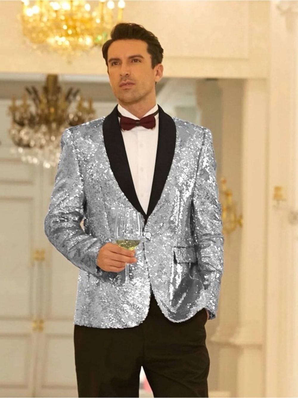 NWT Shiny Sequin Blazer Tuxedo Suit Silver Sequin Shawl Collar Blazer - Men M